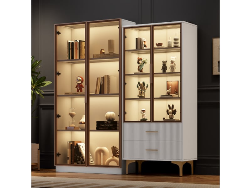 Meuble rangement salon lot de 2 vitrines blanches led, portes vitrées, étagères réglables, 80x40x160 et 70x35x150 cm - Conforama D