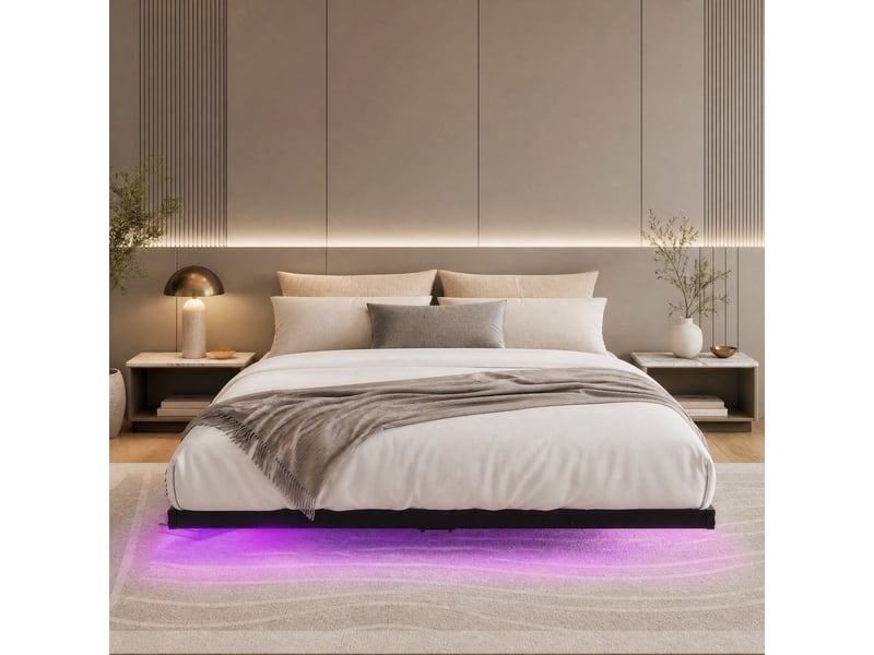  Cadre de lit 140x200 cm effet flottant led station de charge métal noir sans matelas  - Conforama B
