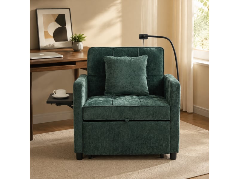  Fauteuil convertible 79x66x83 cm, 5 positions, tablette, coussin, canapé 1 place, chenille vert, rangement, pour salon  - Conforama B