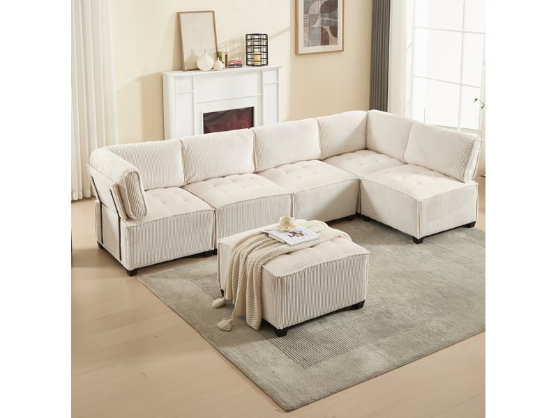 Canapé modulable 6 places beige en velours côtelé, convertible en u ou l, avec poches latérales, pour le salon - Conforama B