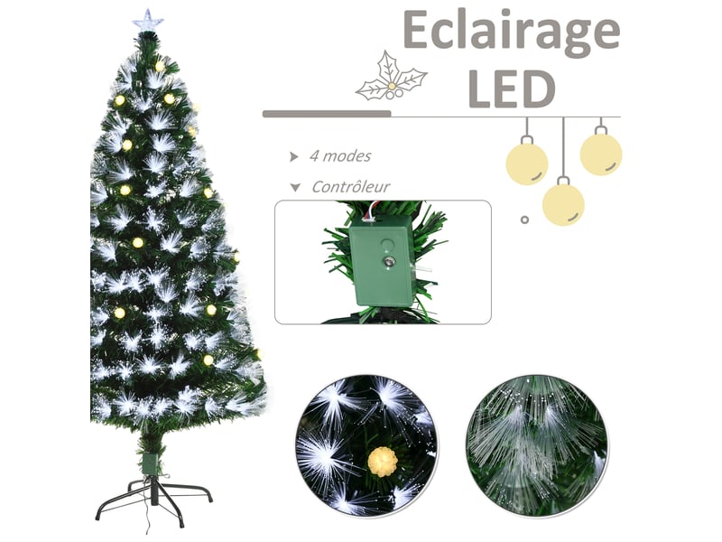  Sapin de noël artificiel lumineux 120h cm fibre optique led + support pied 130 branches étoile sommet brillante vert + 20 ampoules  - Conforama R