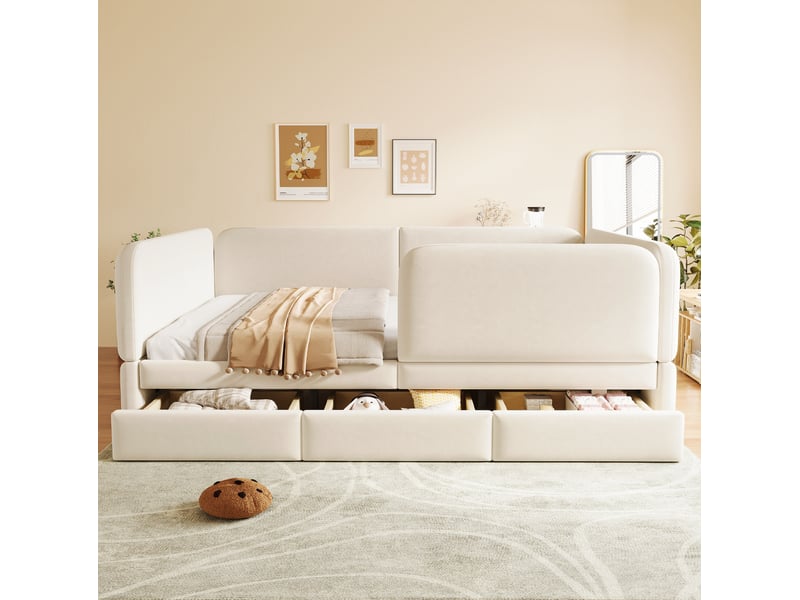  Lit enfant 140 × 200 cm 2 places avec 3 tiroirs et contour de sécurité, sans matelas, en velours beige  - Conforama C