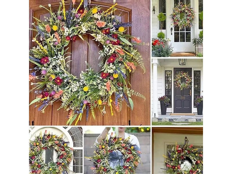 Couronne de fleurs sauvages 35cm, décoration murale et porte d'entrée pour printemps-été, couronne florale artificielle séchée, plante à fleurs éternelles - Conforama E