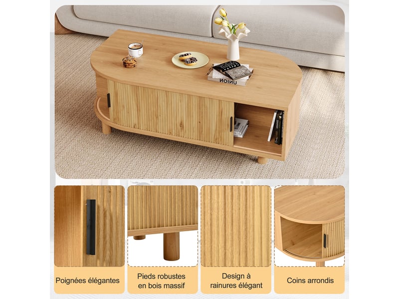  Table basse 100x50x35 cm - grand rangement - portes vitrées - 2 portes - mdf - usage quotidien - design moderne - meuble de rangement - bois naturel CozyNest - Conforama E