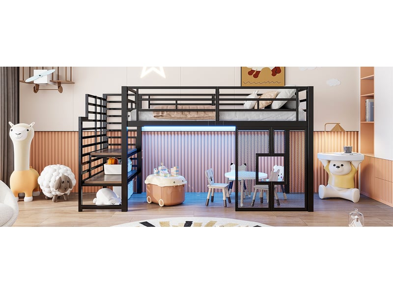  Lit mezzanine simple 90×200 cm escalier, rangement, fenêtres et led  - sans matelas, métal mdf - noir  - Conforama E
