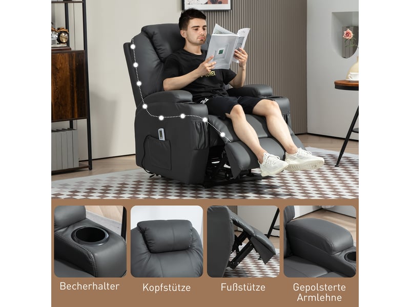  Fauteuil relax électrique massant en similicuir gris foncé, 8 points, inclinable à 165 degrés, pour salon et lecture  - Conforama B
