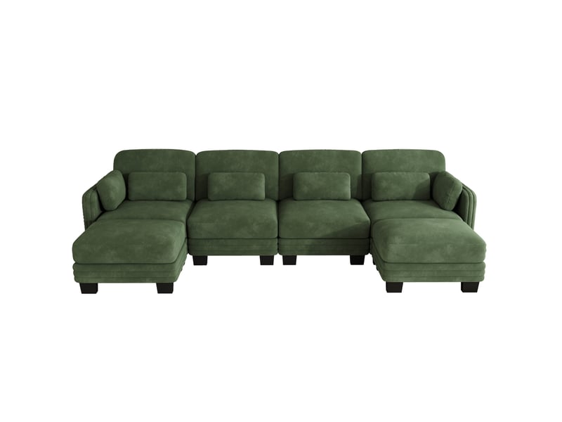  Canapé modulaire en u 4 places 330x143x88 cm, 2 poufs, assise large profonde, design ergonomique chenille vert  - Conforama A