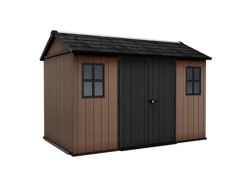  Newton+ 75111175 - abri jardin 350x246x230 cm, 2 portes, résine marronnoire evotech+  - Conforama C