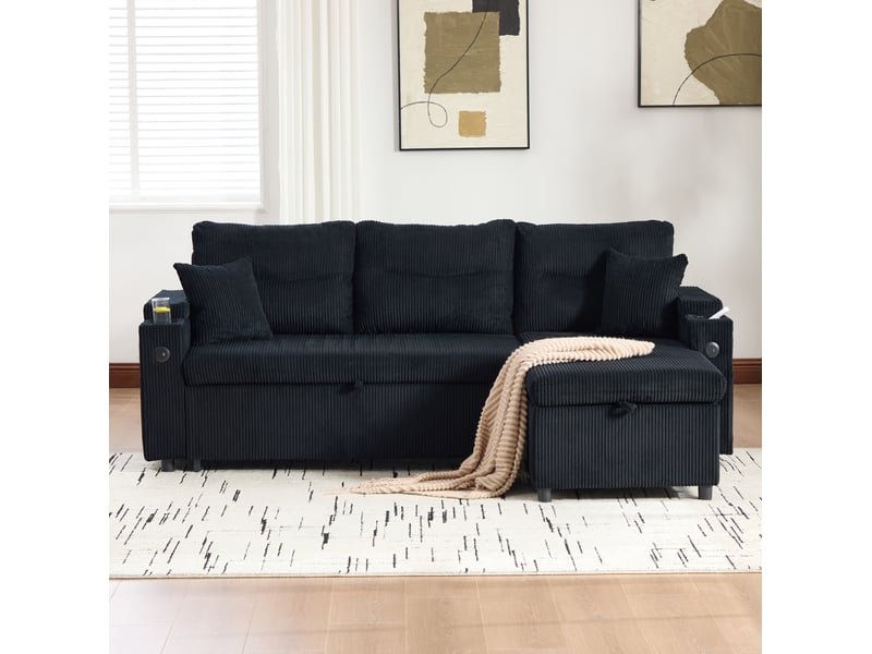  Canapé convertible tcqpz 3 places avec méridienne coffre, lit coulissant, usb-c et porte-gobelets en velours côtelé noir 212,5 x 136 x 86 cm  - Conforama B