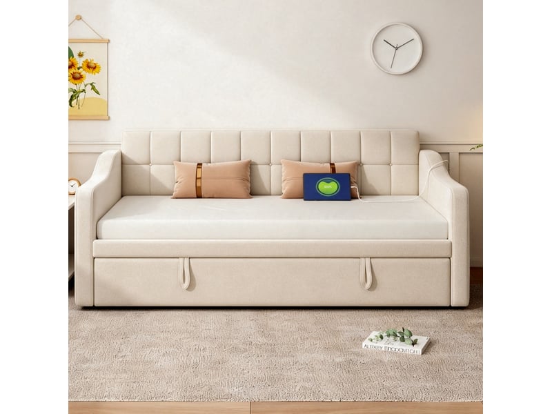  Canapé-lit extensible 90x190 cm avec ports usb beige sans matelas  - Conforama C