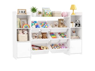 Meuble de rangement pour jouets d'enfants avec 8 bacs et placards amovibles, 140 x 30 x 90 cm, blanc