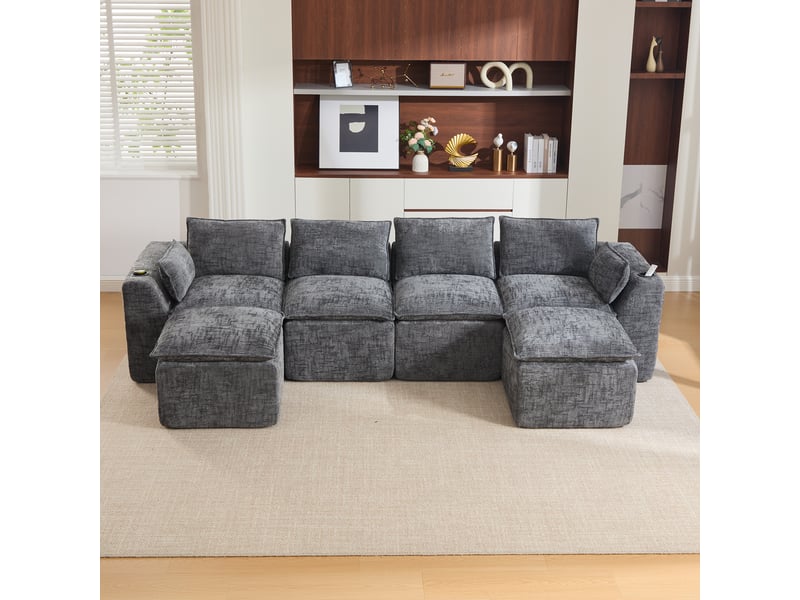 Canapé modulable compression d'angle en u,322x161x75cm,velours côtelé,canapé 4 places avec 2 poufs,porte-gobelets,poches latérales,sans montage,gris foncé - Conforama B