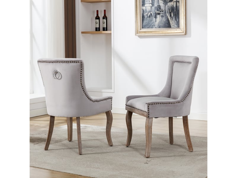 Lot de 2 chaises de salle à manger 55x61x91 cm gris en velours, dossier incurvé et pieds en bois - Conforama B