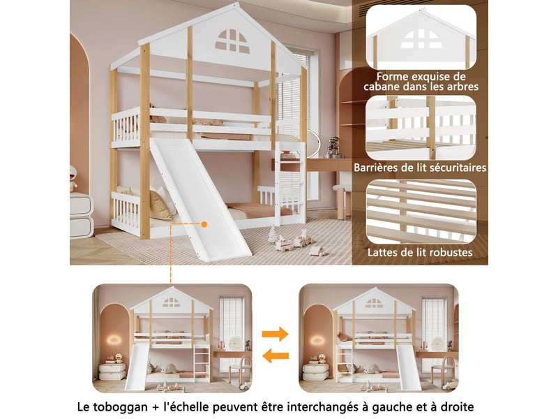  Lit superposé cabane 90 x 200 cm - lit enfant - bois de pin - 2 x sommier à lattes - certifié en747 - blanc  - Conforama D