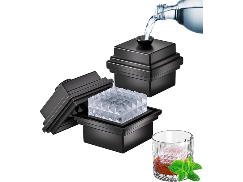 Lot de 2 grands bacs à glaçons carrés en silicone avec couvercle entonnoir - 7 cm - démoulage facile - en forme de losange à fusion lente - Conforama A