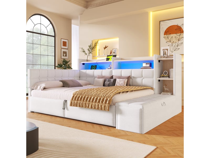  Lit de jour 140 × 200 cm avec relevage hydraulique, usb type-c, étagère, led, sans matelas, mdf et velours, blanc  - Conforama D