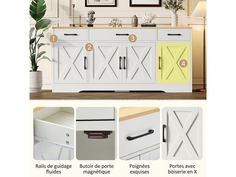 Buffet blanc moderne meuble de rangement en bois 160 cm - 3 tiroirs 4 portes design scandinave - Conforama E