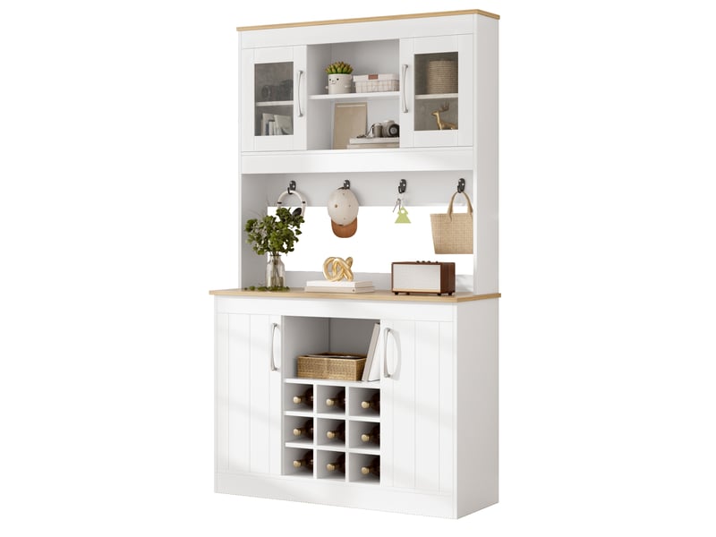  Buffet de cuisine avec vitrine 175 cm, vaisselier blanc et bois avec porte-bouteilles et crochets  - Conforama R