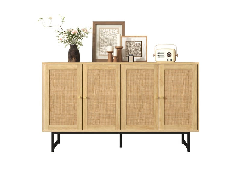  Buffet enfilade 140 cm rangement 4 portes canage rotin | style bohème scandinave bois et métal | pieds 18 cm charge 50kg - chêne naturel  - Conforama A
