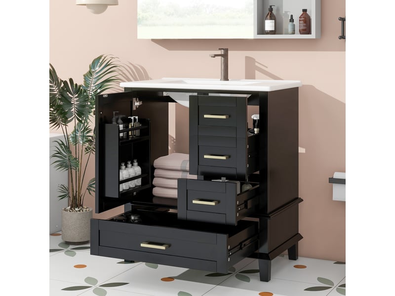  Meuble vasque 76×46×83,5 cm – noir, 3 tiroirs, vasque céramique intégrée  - Conforama B