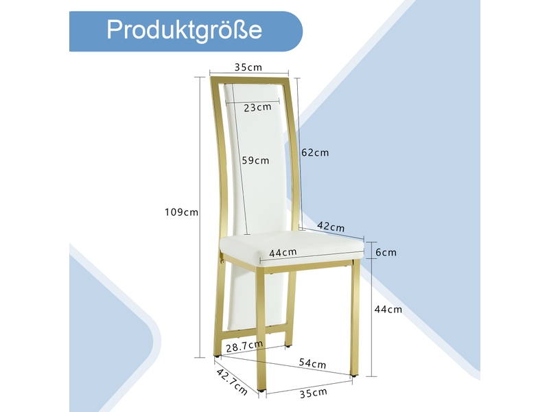  Lot de 4 chaises de salle à manger 109 cm, métal doré, pu blanc, moderne, assise confort, dossier courbé, chaise de cuisine  - Conforama C