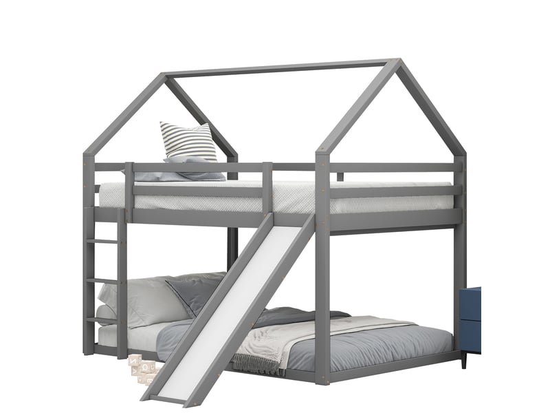  Lit superposé cabane avec toboggan, lit enfant double 140x200 gris en bois massif, avec échelle et sommier à lattes inclus.  - Conforama W
