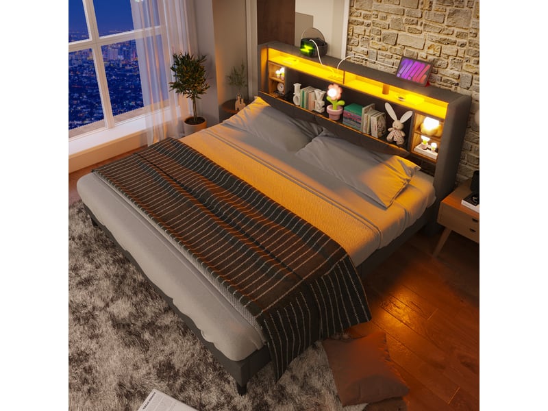  Lit double rembourré 160*200cm avec tête rangeante, usb, led, sommier bois, gris, sans matelas  - Conforama C
