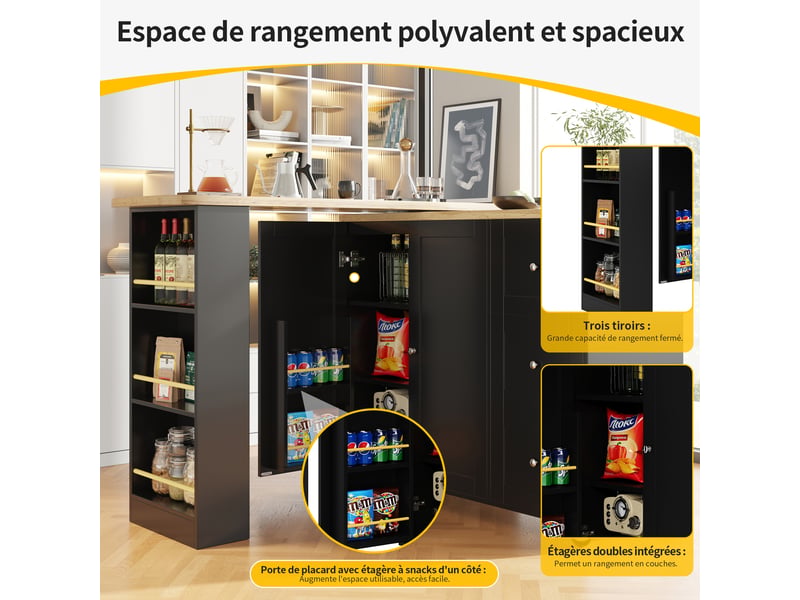  Meuble bar pivotant sur 360 degrés avec 2 portes et 3 tiroirs sur roulettes avec porte-snacks pour cuisine en mdf noir  - Conforama E