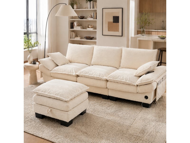  Canapé 3 places modulable en velours côtelé beige avec pouf de rangement  - Conforama C