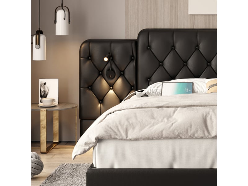  Lit-plateforme noir 160x200 cm, tête longue en velours, ports usb, lampe de bureau, système hydraulique, grand rangement  - Conforama D