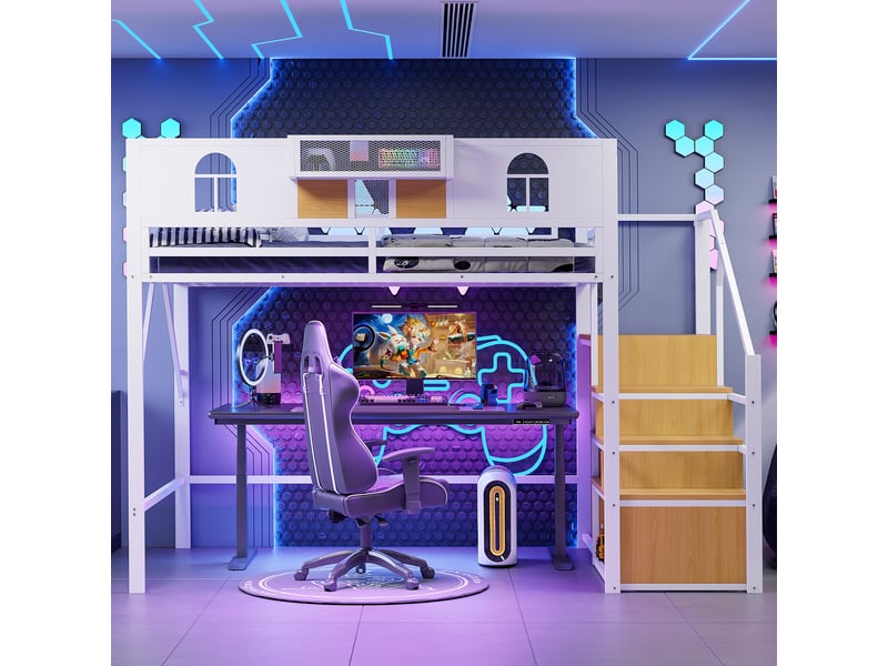  Lit mezzanine 140 x 200 cm, avec échelle et bande lumineuse, compartiments de rangement, structure métallique, blanc  - Conforama B