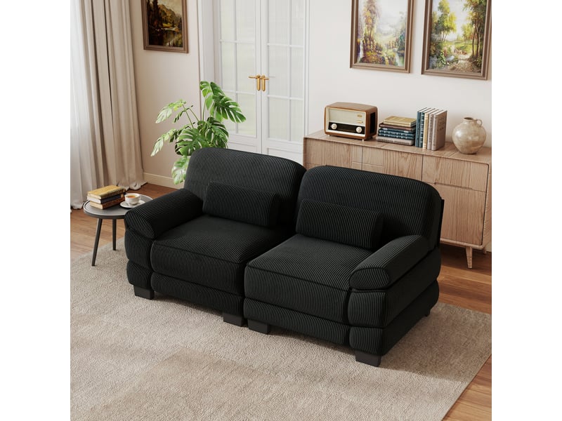  Canapé 2 places moderne modulable, coussin lombaire, assise profonde, cordon cord doux, noir, pour salon et appartement  - Conforama E