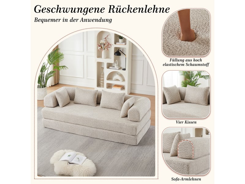  Canapé-lit convertible 2 places,200x95x68cm,canapé modulable 4 en 1 en tissu chenille,dossier réglable,4 coussins inclus,aucun montage requis,beige  - Conforama D