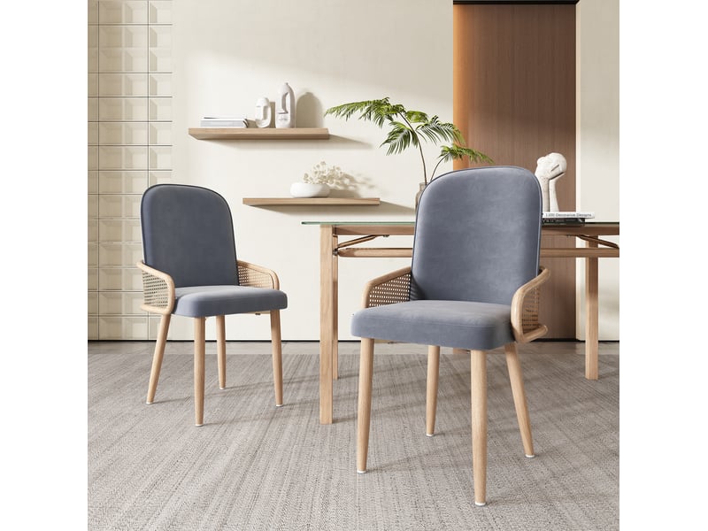  Lot de 4 chaises de salle à manger en velours gris, design en résine tressée et pieds métal effet bois  - Conforama E