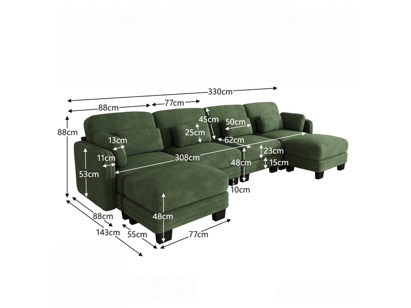  Canapé d’angle 4 places en u, assise large et profonde, design ergonomique, 2 poufs, montage facile, 330 × 143 × 88 cm, vert  - Conforama C