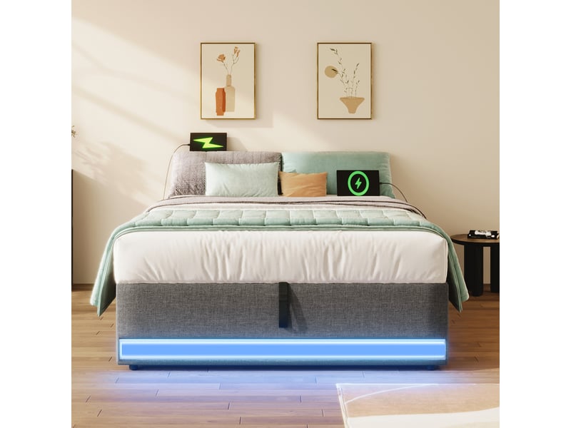  Lit capitonné 90*200cm, gris, sans matelas, led, usb type-c, rangement latéral, relevage hydraulique  - Conforama C