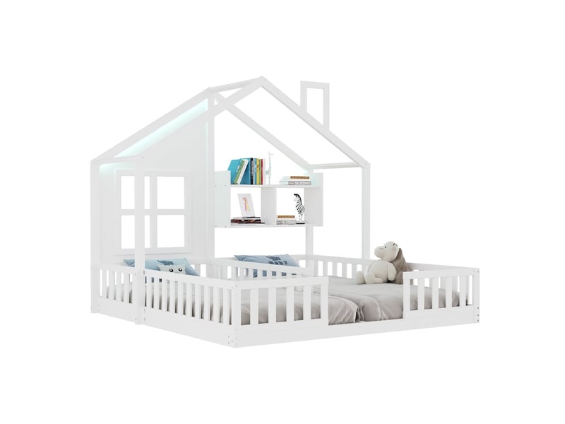  Gutenacht lit cabane bois 90x200cm, fenêtres, led, garde-corps, blanc  - Conforama A