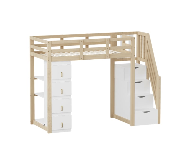  Lit mezzanine 90x200 cm, lit enfant avec escalier de rangement, sécurité et 4 tiroirs, en bois, naturel et blanc, sans matelas  - Conforama E