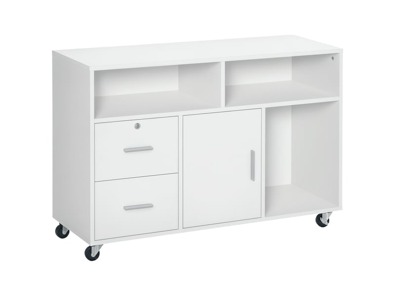  Support imprimante mobile à roulettes, 2 tiroirs verrouillables, 3 étagères, placard, rangement bureau, 100 x 35 x 65 cm, blanc  - Conforama A