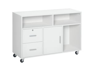 Support imprimante mobile à roulettes, 2 tiroirs verrouillables, 3 étagères, placard, rangement bureau, 100 x 35 x 65 cm, blanc