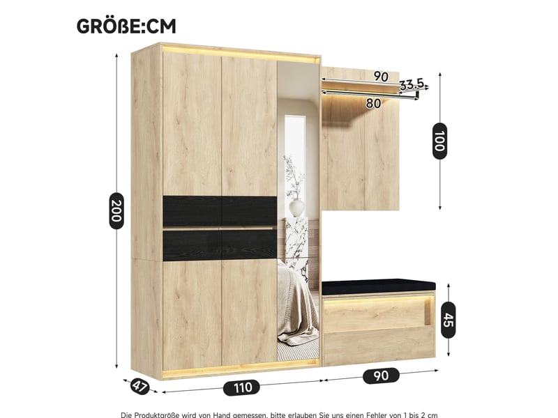  Garde-robe d'entrée 200x47x200 cm avec miroir et led, mdf, coloris bois pour entrée et dressing, rangement, chambre  - Conforama C