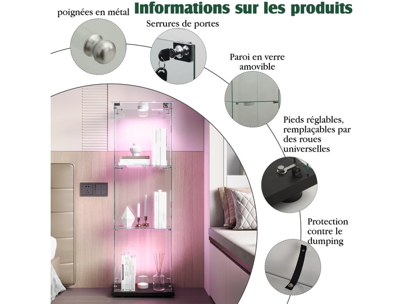  Vitrine en verre 3 niveaux simple porte - noir - 39,8 x 35 x 123,5 cm - armoire d'exposition avec éclairage led et base noire  - Conforama D