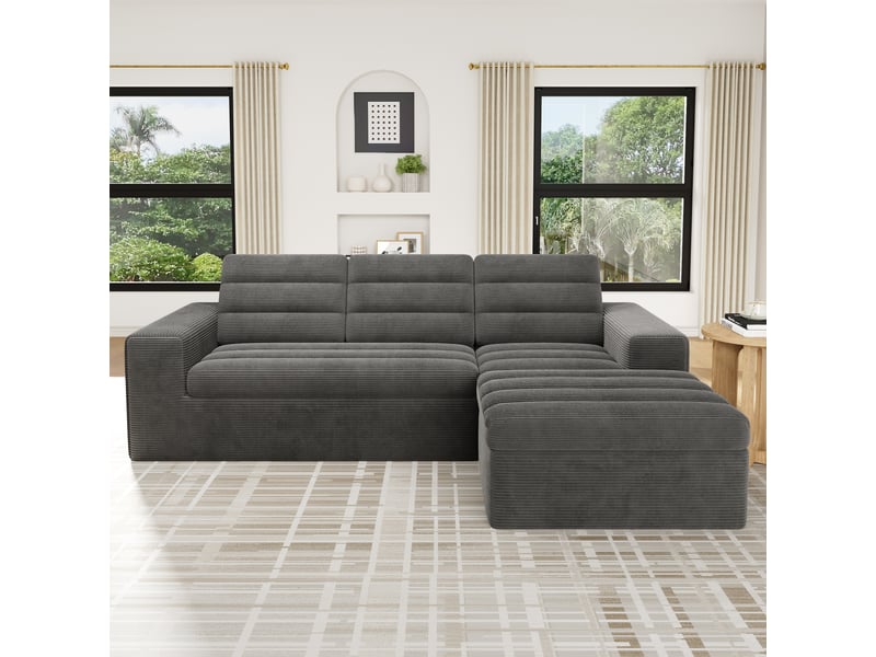 Canapé d’angle modulable en l 253 cm – canapé sans structure en velours côtelé, assise profonde, mousse haute densité, coussins inclus – gris foncé - Conforama E
