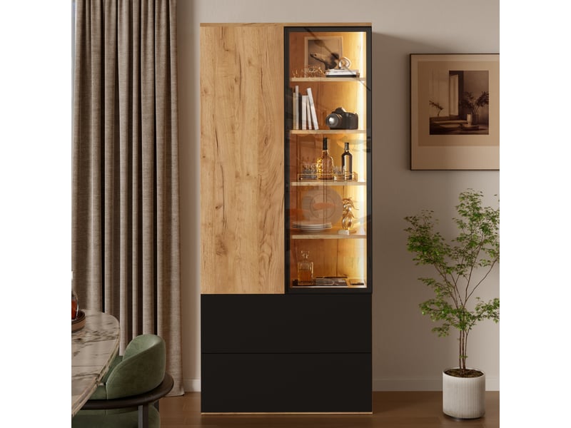 Vitrine led 70x35x160 cm avec 2 portes en verre, 2 tiroirs et 6 étagères réglables, meuble vitrine avec éclairage, panneau de particules ,bois naturel OMNIGLINT TRADING LTD - Conforama D