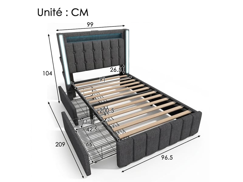  Lit simple 90x200 capitonné gris avec matelas inclus, led, ports usbtype-c et 2 tiroirs de rangement  - Conforama D