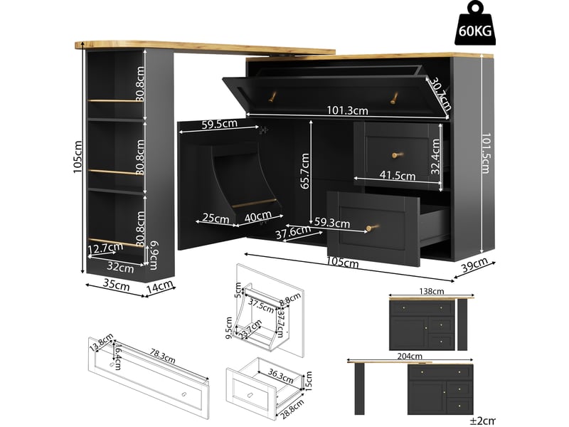  Bar haut extensible 138-204x39x105 cm avec rangement mdf métal noir  - Conforama E