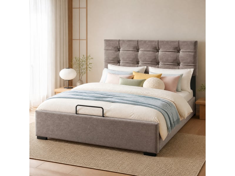 Lit coffre tcqpz 90 x 200 cm avec tête de lit réglable velours gris clair  - Conforama E