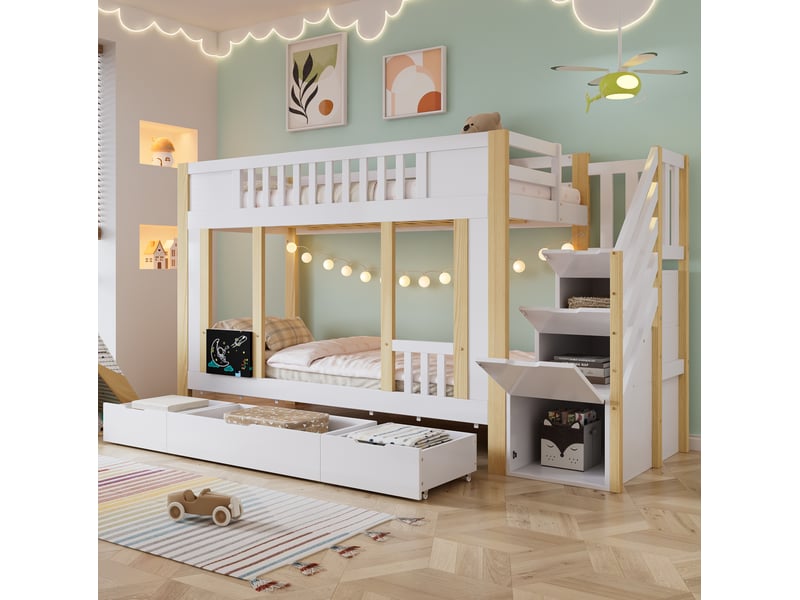  Lit superposé enfant blanc et naturel 90 x 200 cm avec escalier de rangement et 3 tiroirs  - Conforama D