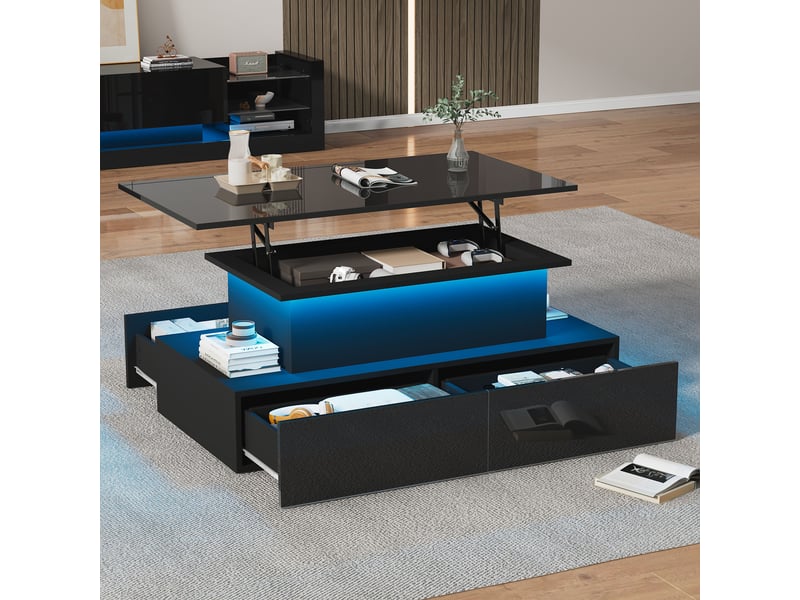  Table basse noire brillante avec éclairage led et 4 tiroirs - plateau extensible 90x55x41 cm  - Conforama D