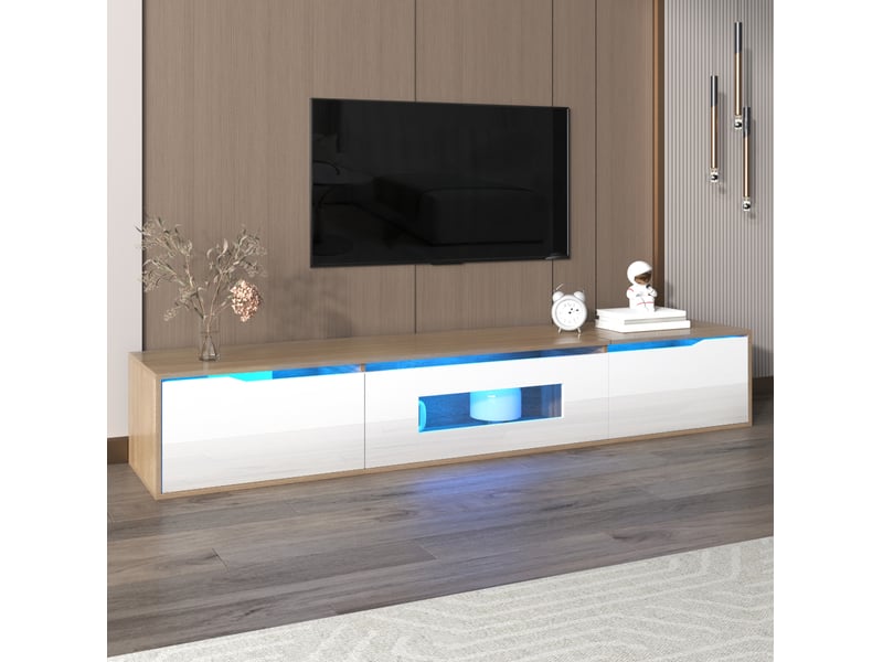  Meuble tv avec éclairage led, en panneau de particules, blanc brillant et effet bois  - Conforama B